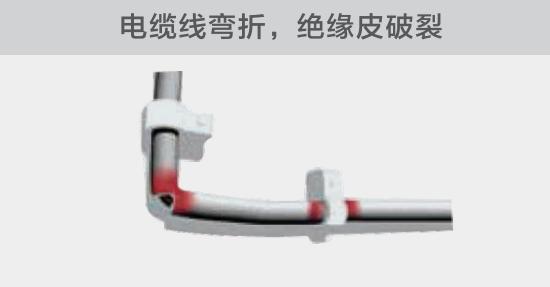 在安裝過程中，由于電線的彎曲半徑過小，或是線夾過緊，導(dǎo)致線纜絕緣皮破裂，產(chǎn)生電弧隱患
